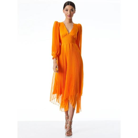 NWOT Alice + Olivia Sion Pleated Midi Dress Size 2 Tangerine Orange #2J459 - Picture 5 of 10